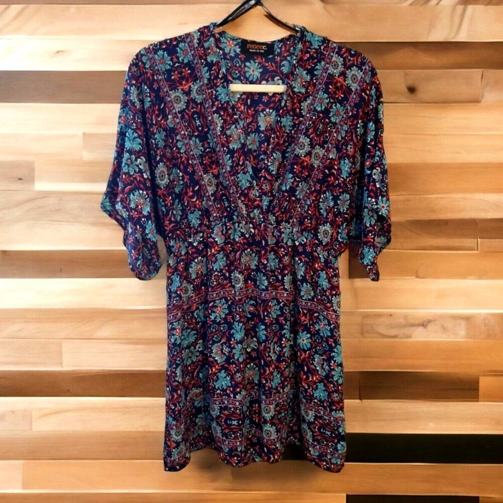 Renee C Boho Floral Mini Dress Blue Red Print Women’s Size Small Tunic Style